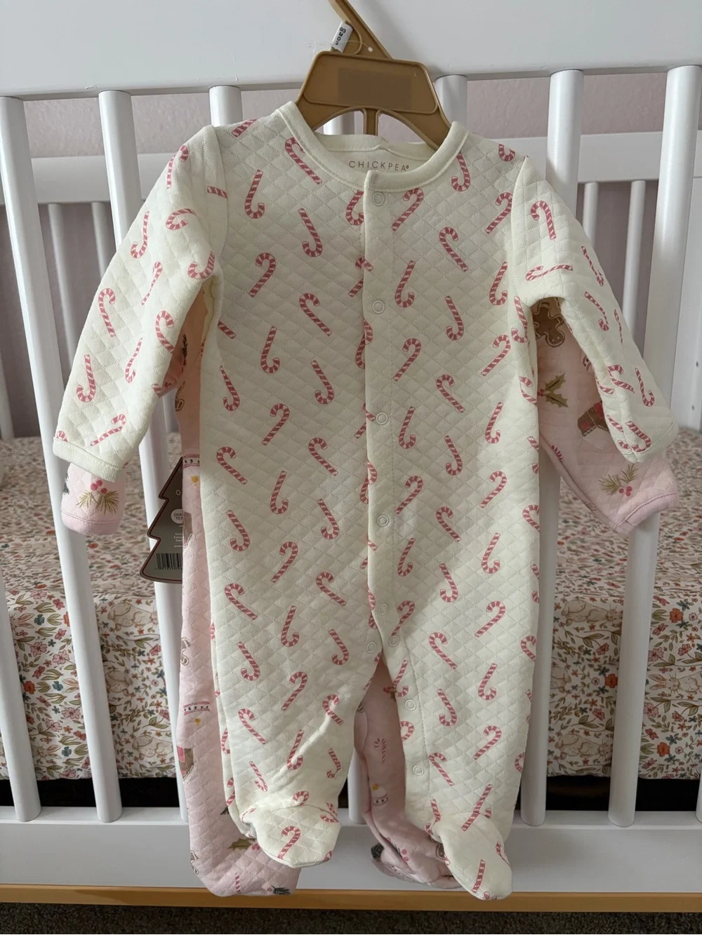 Chickpea Holiday Christmas Pink White Footie Pajamas Baby Girl - Set of 2